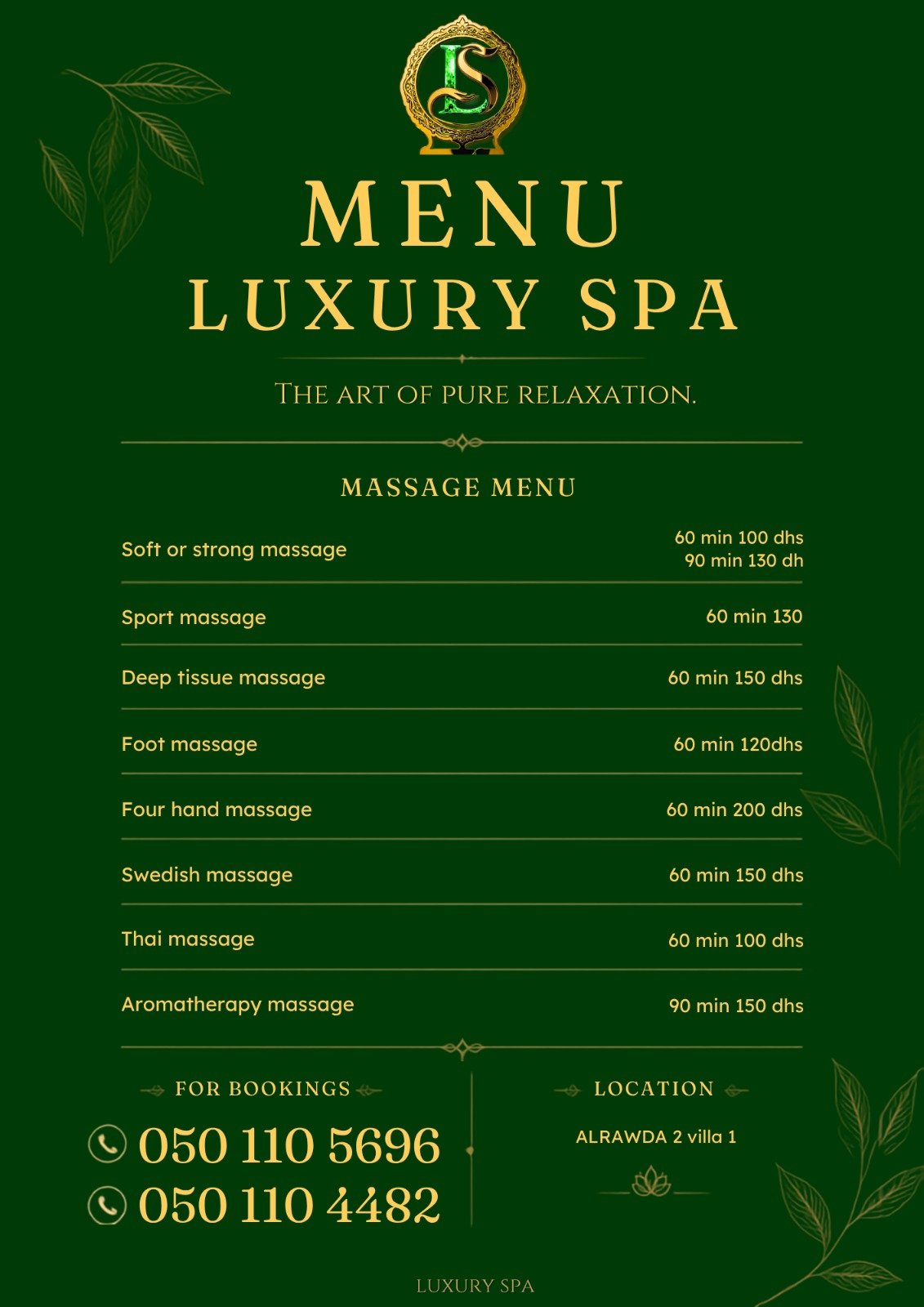 Luxury Spa treatment menu in Ajman